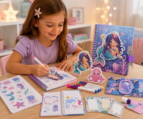 DIY Journal Craft Kit for Girls-24 Piece Creative Scrapbook & Colouring Set with Stickers, Colored Pens and Photo Frames