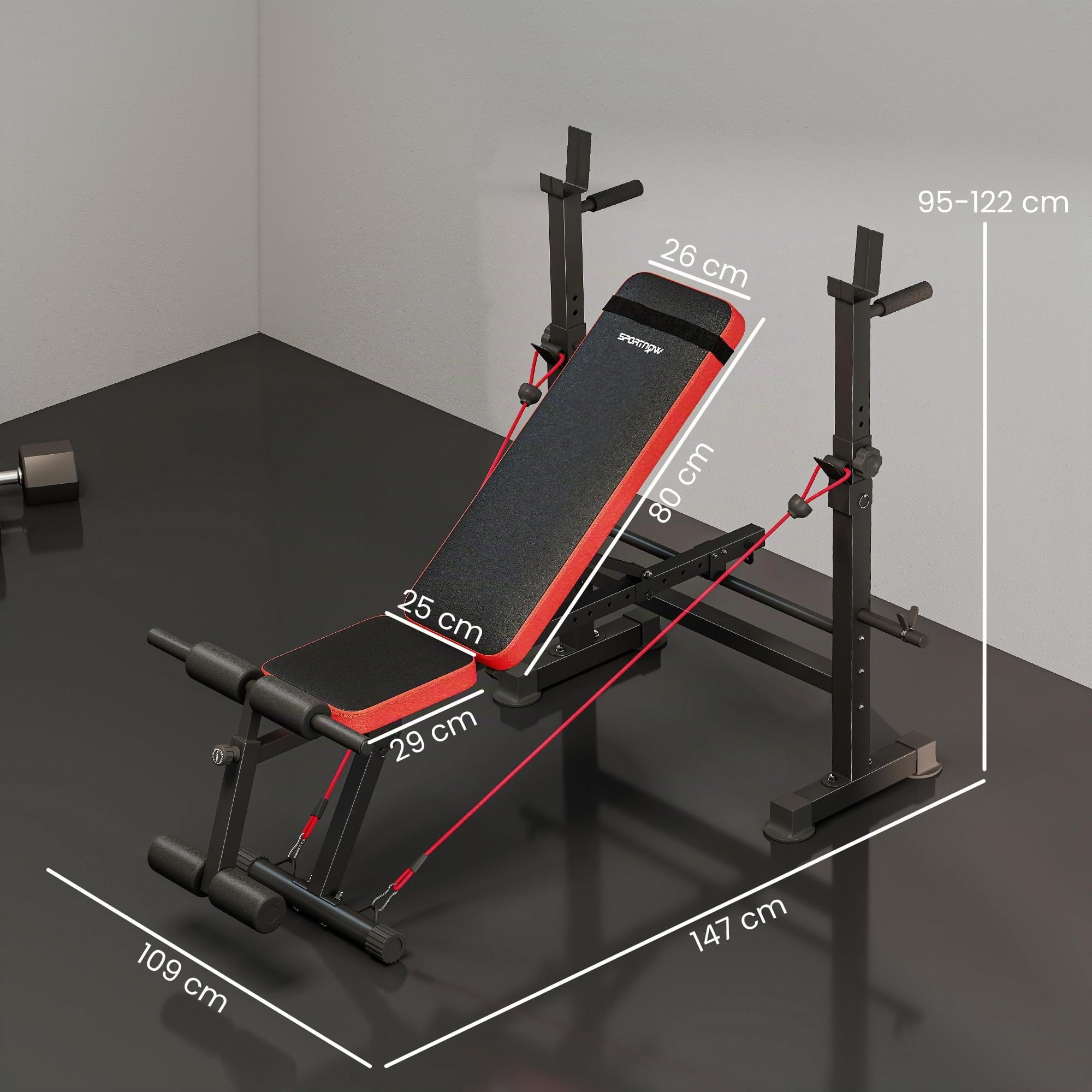 SPORTNOW Banc de Musculation Complet Multifonction avec Dossier Réglable, Repose-Jambes, Sangles d'Entraînement et Support de Poids, Banc Développer Couché à Plat ou Incliné, Entraînement Fitness