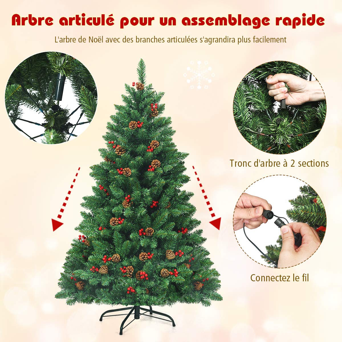 COSTWAY Sapin de Noël Artificiel avec Lumière LED 135 cm, Arbre de Noël avec Pommes de Pin et Baies Rouges, avec 516 Branches, Aiguilles en PVC, avec Support Métallique Robuste, Vert (135CM)