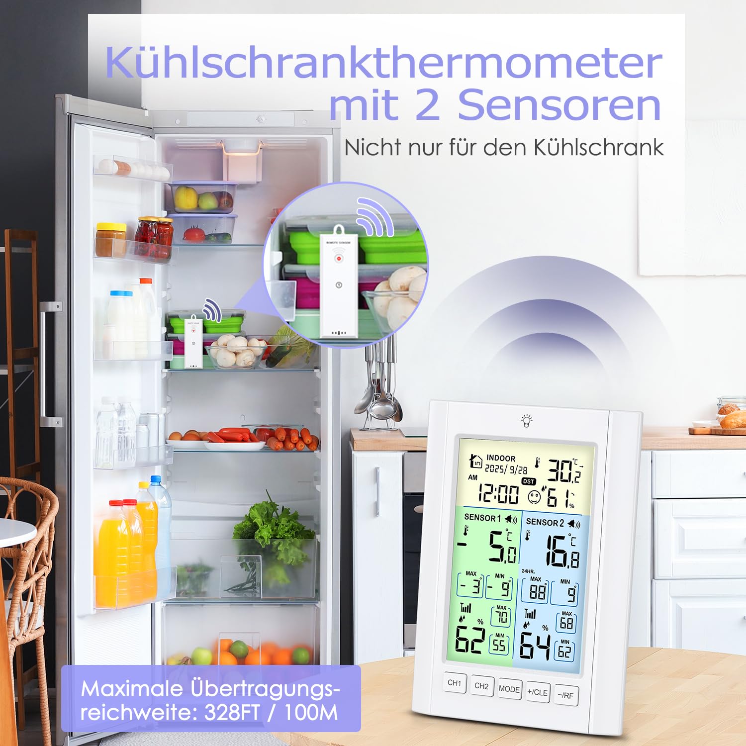 Termometro digitale per frigorifero, termometro per congelatore con 2 sensori, schermo a colori LCD con allarme, luce di fondo, max/min, calendario del tempo, DST, ℃/℉, modalità doppia