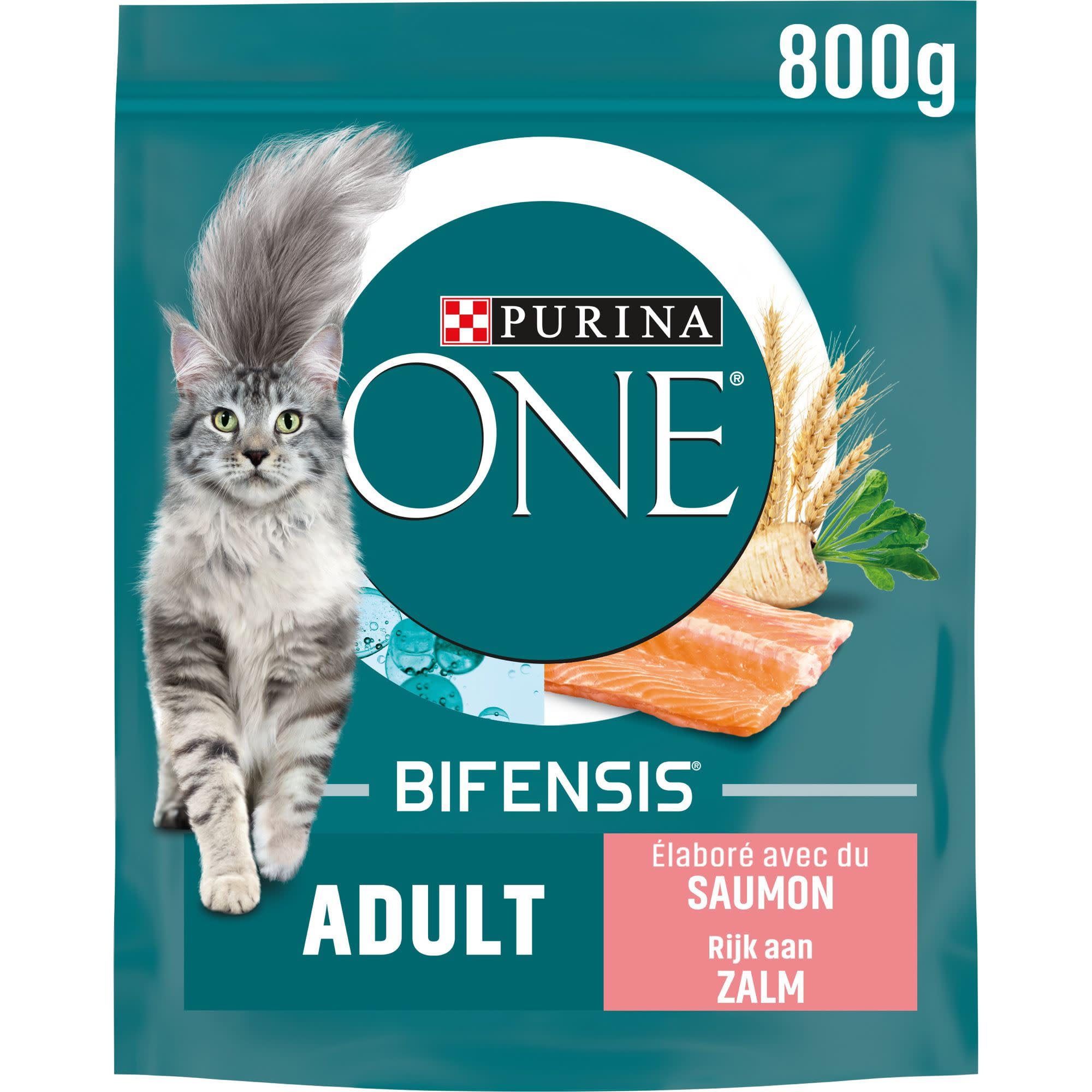 PURINA One Bifensis - Cibo per gatti adulti, crocchette al salmone e cereali integrali, 800 g, confezione da 8