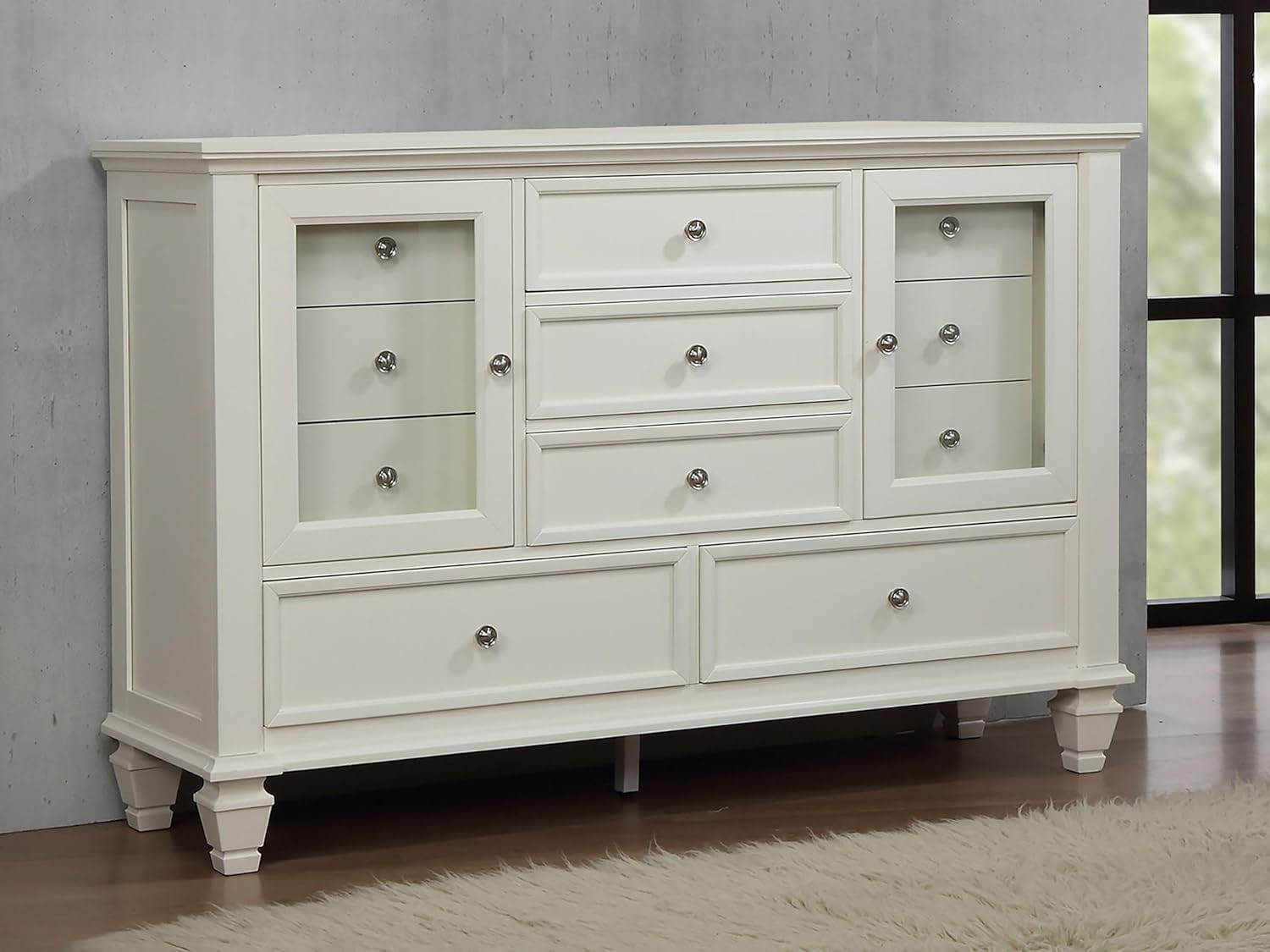 Coaster Home Furnishings - Sandy Beach - Wood - 11-Drawer Dresser with Glass Doors, Felt-Lined Top, Brushed Nickel Hardware, Coastal Style - Bedroom - Cream White - 201303