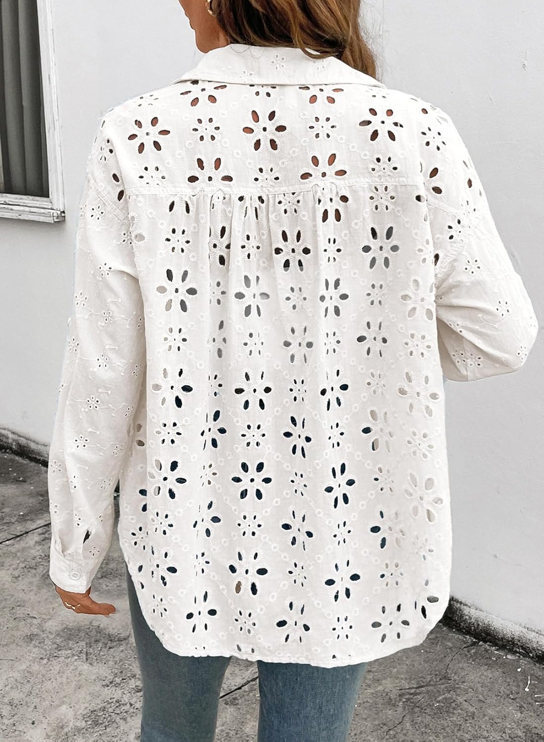 Dokotoo Womens Summer Tops Casual Button Down Long Sleeve Shirts for Women Loose Soft Cotton Hollow Out Blouses - Image 2