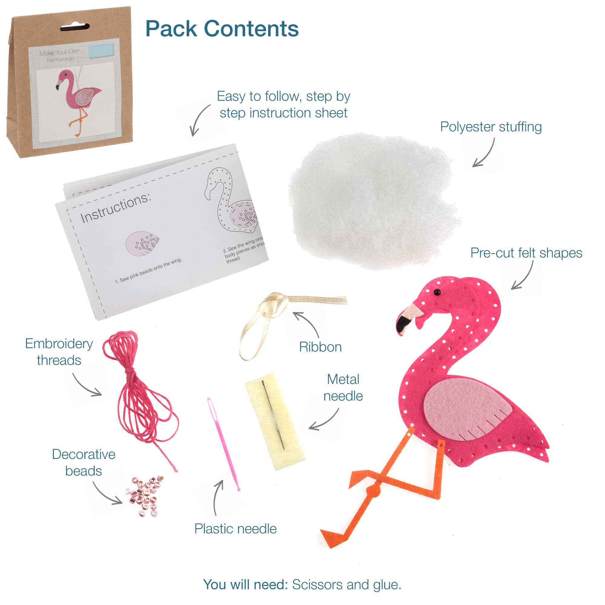 Trimits Felt Decoration Kits, 12 x 9.5cm, Flamingo - Image 4