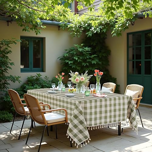 Miniatura 6 de Laolitou Mantel rectangular lavable resistente a cuadros con borlas, algodón y lino, para vacaciones, picnic, cocina, comedor, verde, 102 pulgadas