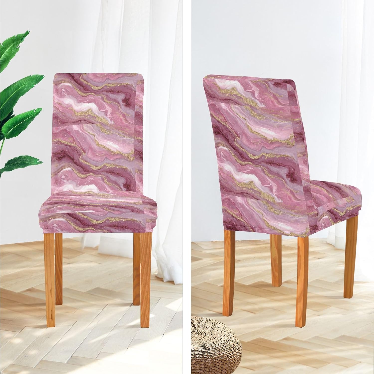 ALAZA Chair Covers for Dining Room, Pink Gilded Marble Pattern Stretch Chair Cover Sets Chair Protector Removable Washable for Ktichen Restaurant Hotel
