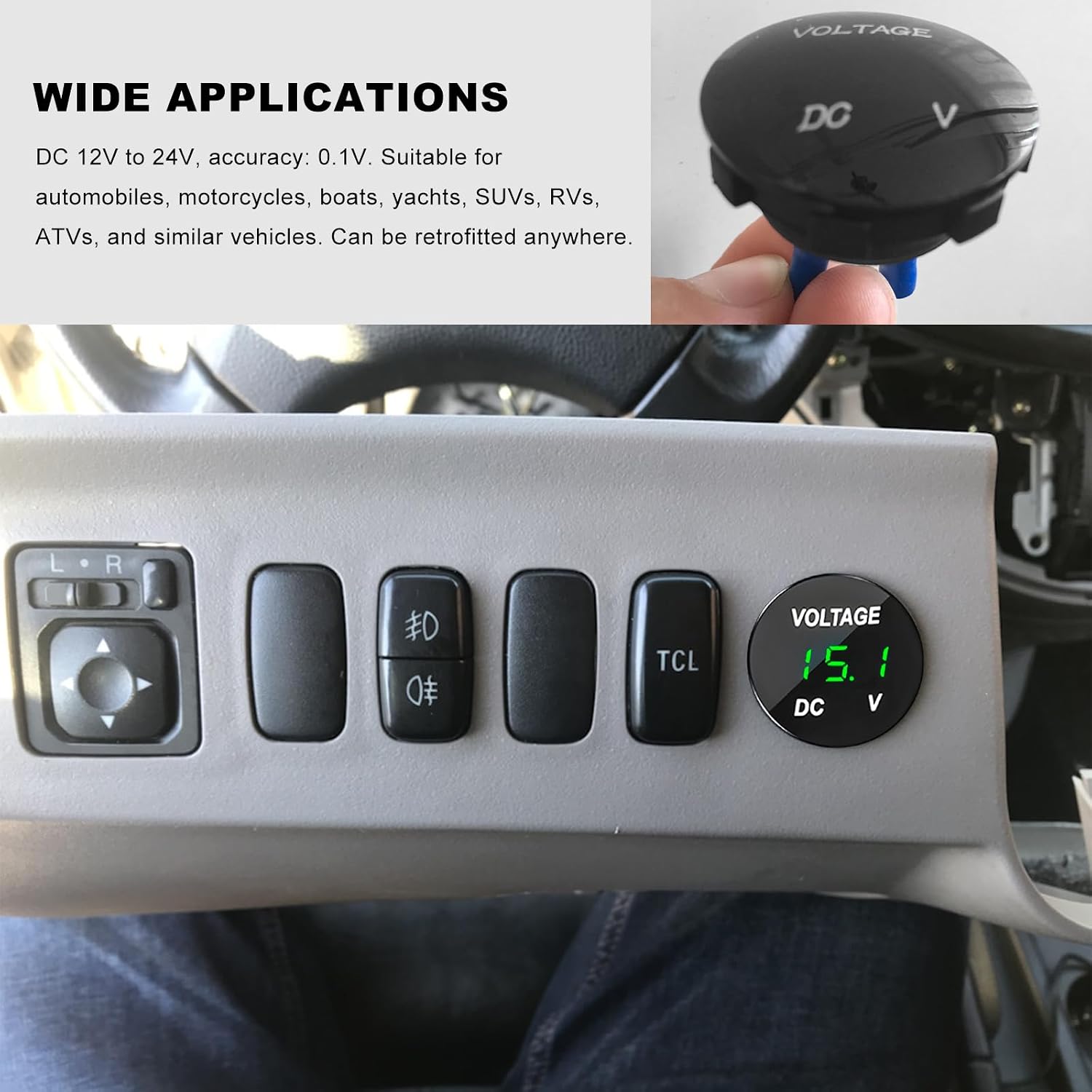 DC 12V 24V Voltmeter Gauge, Waterproof Car Voltage Meter LED Digital Display Mini Volt Tester, Portable Round Panel Battery Monitor Indicator for Cars Motorcycles Boats (Green)