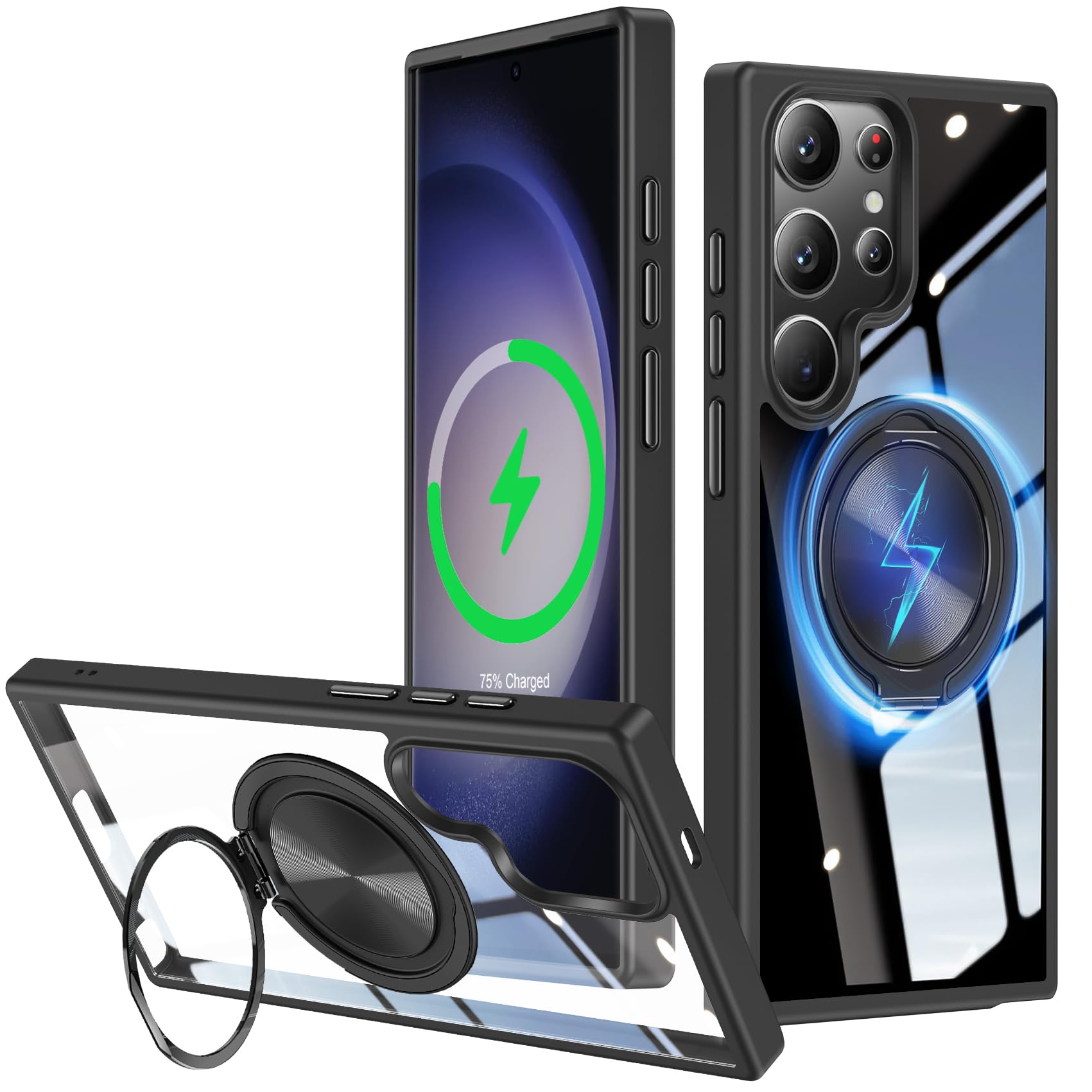 JUNAUTTB for Samsung Galaxy S23 Ultra Case Compatible with Magnetic,360°Rotation Magnetic Stand,Hard PC Transparent,6.8inch Phone Case,Black JUS18-06