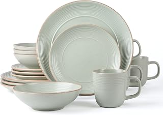 Arora RINGAR Round Stoneware 16pc Dinnerware Set of 4, Dinner Plates, Side Plates, Cereal Bowls, Mugs - Speckle Matte White (406646)