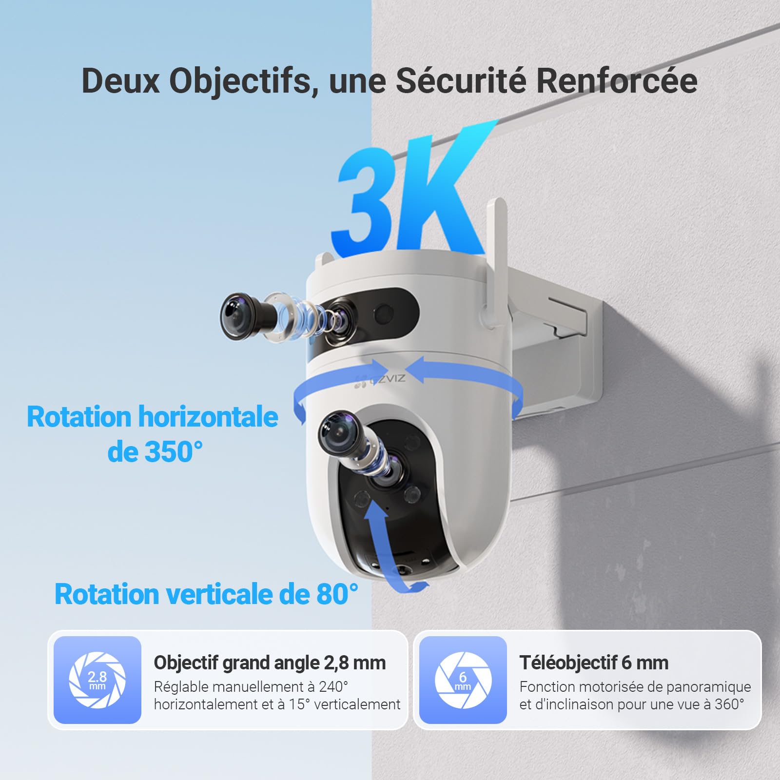 EZVIZ H9C 5MP+5MP(3K+3K) 4G LTE Caméra Surveillance WiFi Extérieure à Double Objectif, 360° PTZ Camera, Suivi Auto, Détection de Forme Humaine/Véhicule,Défense Active,Vision Nocturne Couleur 40M