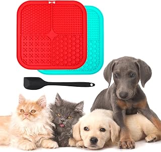 2PCS Lick Mat for Dogs and Cats, Silicone Dog Lick Mat with Suction Cups, Anxiety Relief Cat Toys Feeding Mat for Butter Yogurt Peanut Dog Lick (Red Cyan)