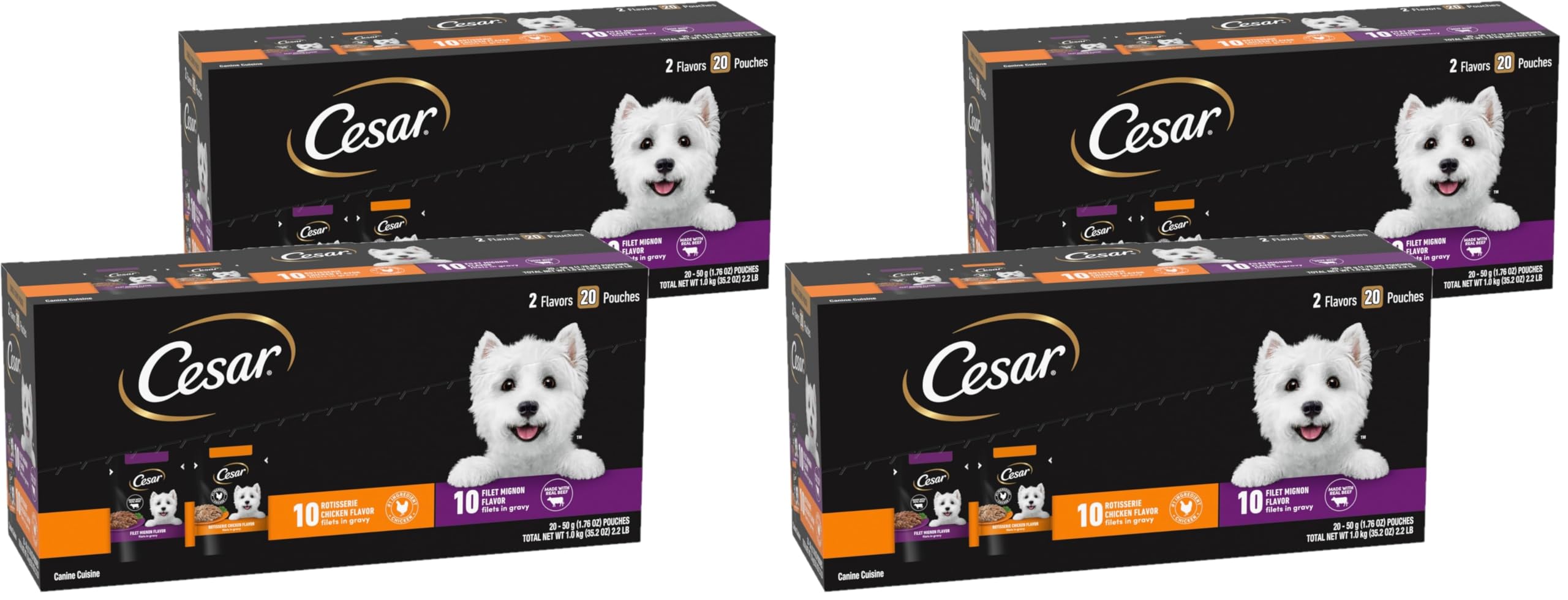 Cesar Filets in Gravy Wet Dog Food Filet Mignon Flavor and Rotisserie Chicken Flavor Variety Pack,Wet Food for Dogs,1.76 oz. Mini-Pouches,20 Count (Pack of 4)