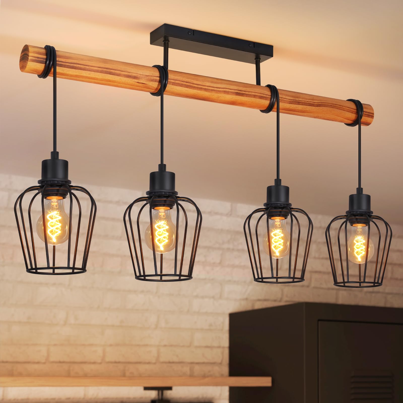 ZMH Vintage Deckenlampe Wohnzimmer Holz: Deckenleuchte im Industrial Design Schwarz Wohnzimmerlampe 4 flammig retro Küchenlampe aus Metall E27 Fassung für Esstisch Küche Esszimmer - Ohne Leuchtmittel