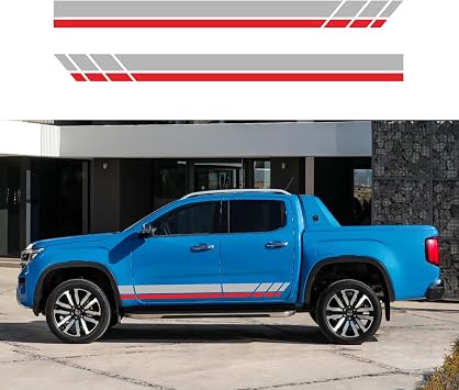 Racing Stripes Car Sticker Sport Style Striped Checkered Body Sides Decals Graphic Waterproof Vinyl Racing Stripes Door Hood Decals Trim Accessories for Pickup SUVs2PCS Style B Gray+Red