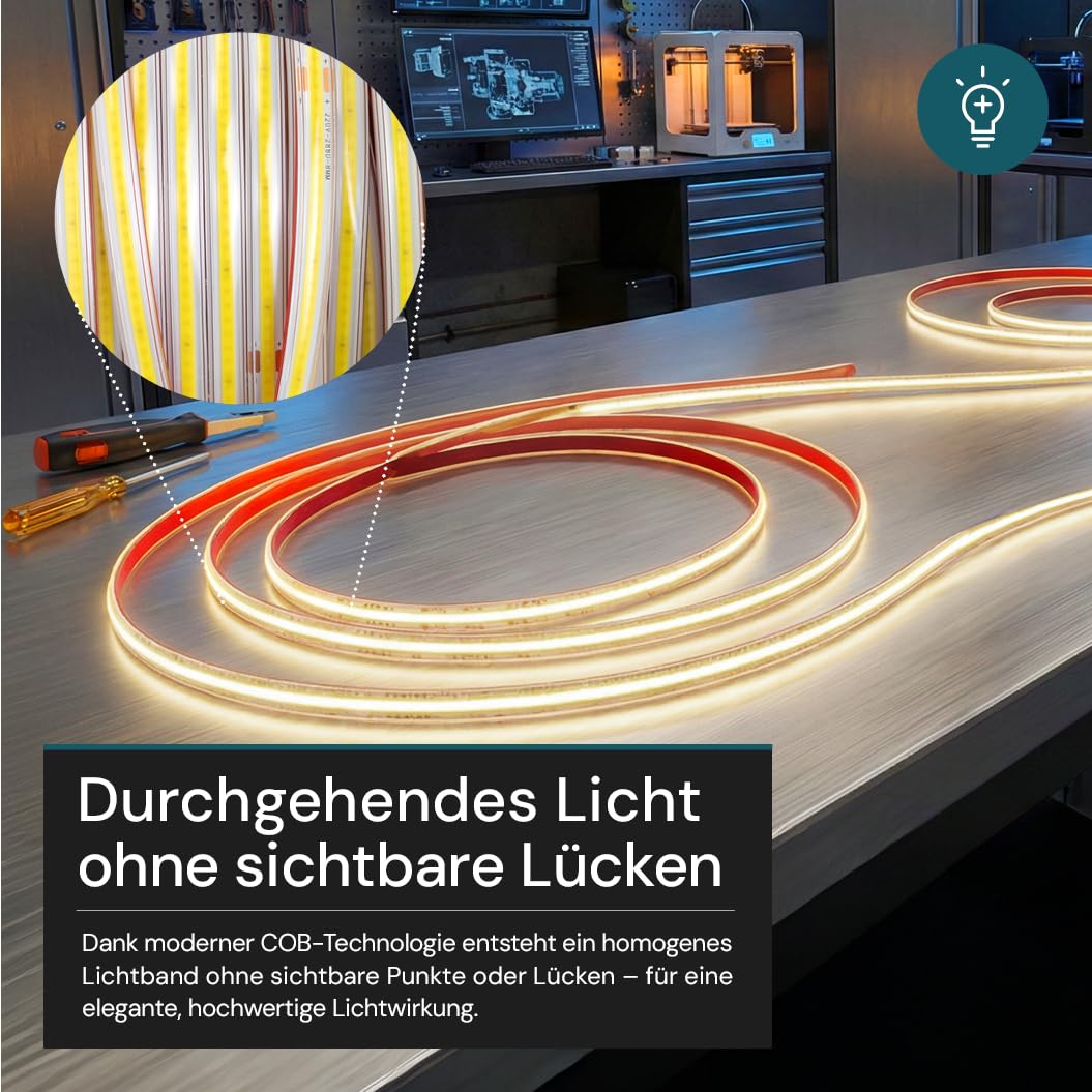 LUXULA COB LED Streifen 25 m 5000K Neutralweiß - mit Stecker, LED Streifen ohne Punkte, selbstklebend, 220V IP65, 288 LED/m, 700 lm/m, 10 W/m, kürzbar 50 cm, erweiterbar bis 70 m, Innen und Außen