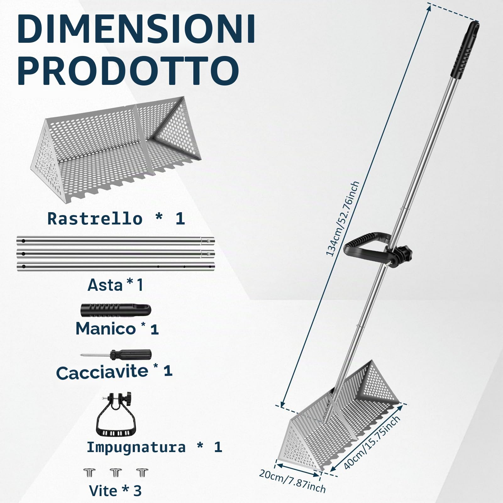 Rastrello per sabbia in acciaio inox, resistente, 173 cm, regolabile, setaccio per sabbia da spiaggia con denti, cestino staccabile, impugnatura ergonomica, facile da montare, pala per granchio di