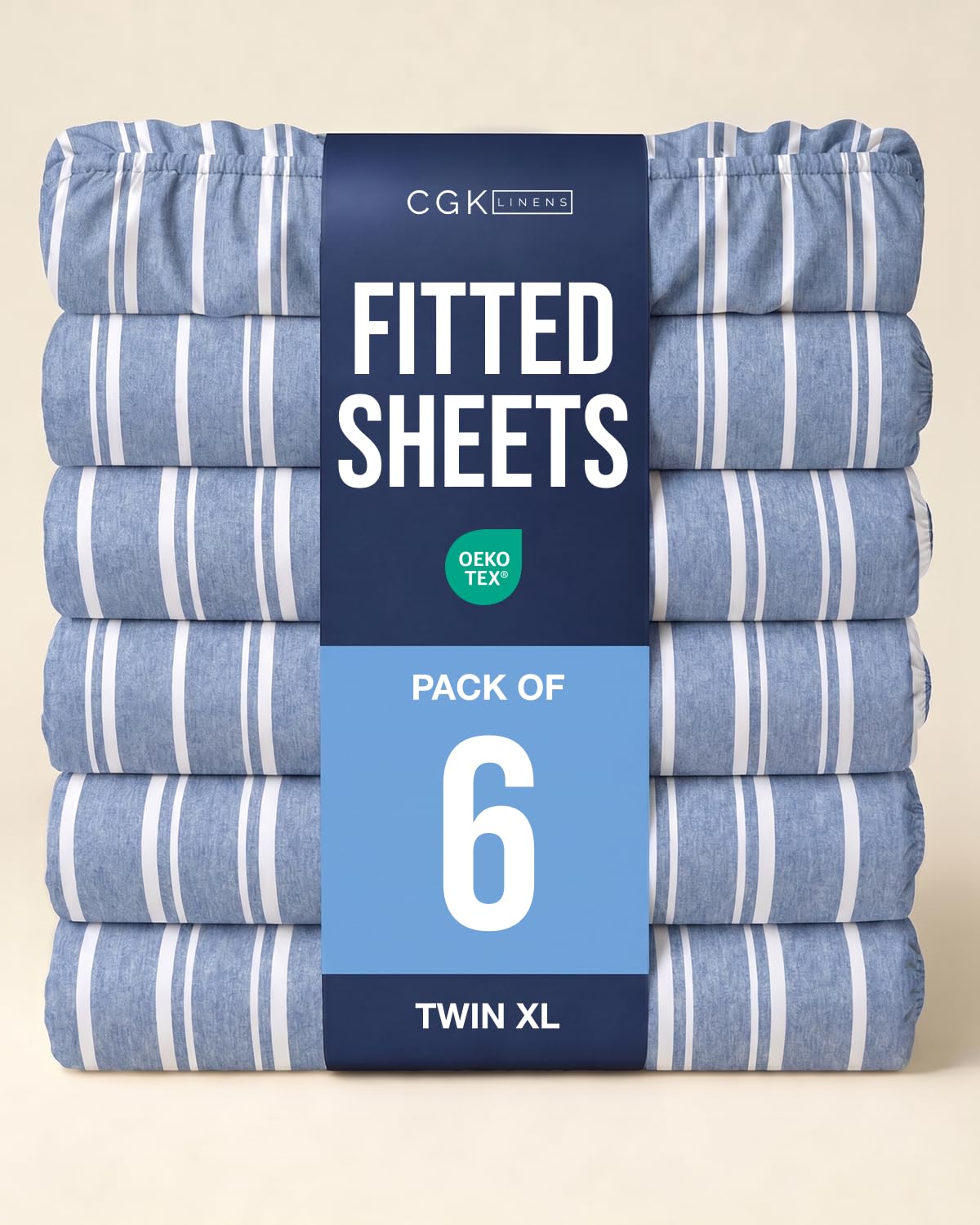 Twin XL Fitted Sheet - Pack of 6 College Dorm Essentials - Blue Stripes