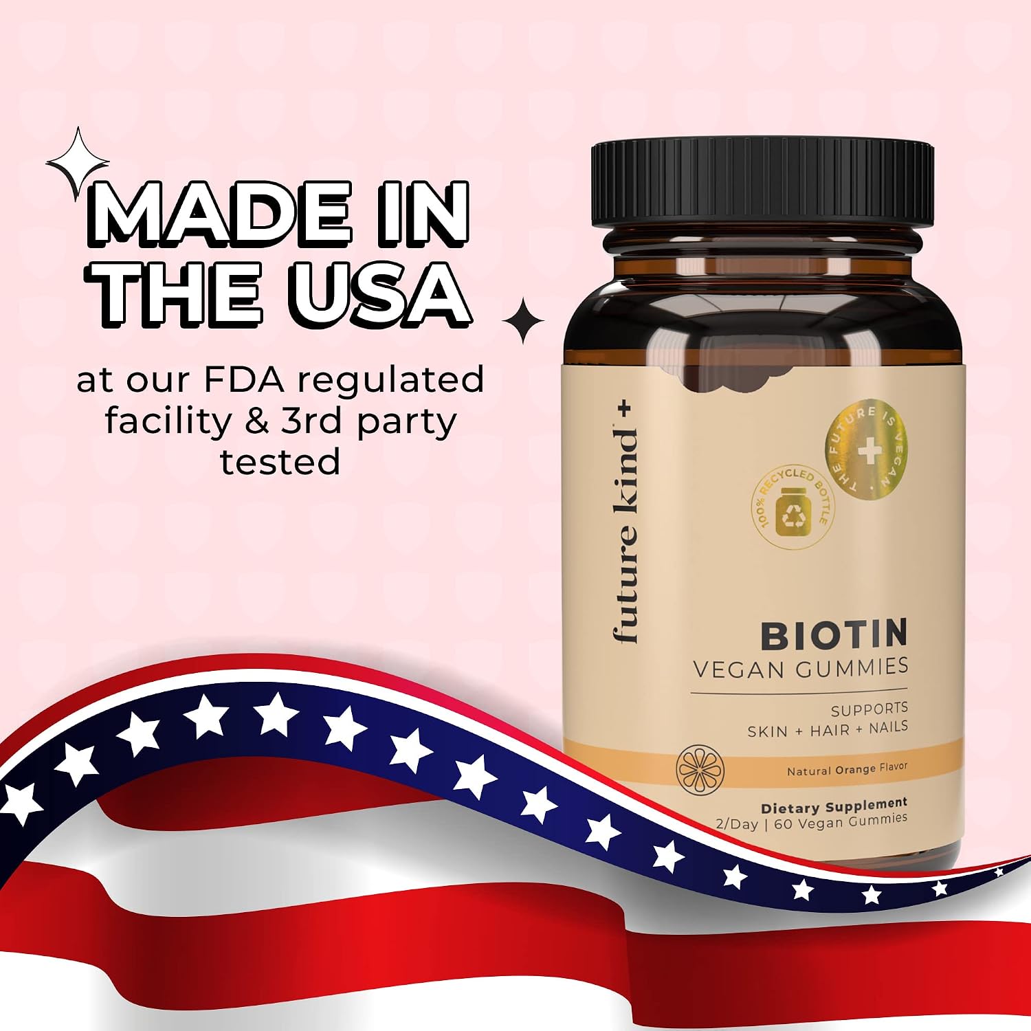 Future Kind Vegan Biotin Gummies (60ct) - Biotin Vitamins for Hair Skin and Nails with VIT A, C, & E - Vegan Hair Skin and Nails Vitamins for Women & Men - Orange Flavored Biotin Hair Growth Vitamins