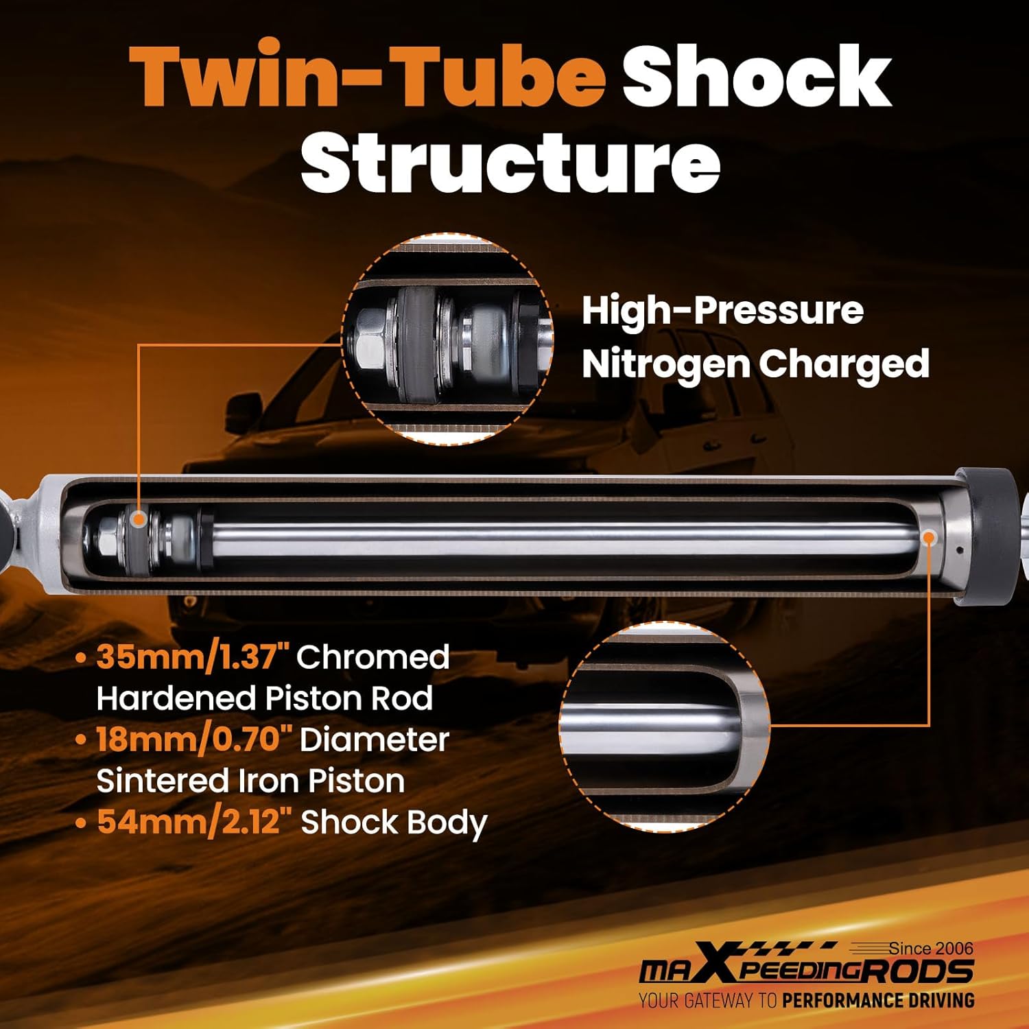 Cutaway diagram of a twin-tube shock absorber, highlighting the high-pressure nitrogen charge, 35mm chromed hardened piston rod, 18mm sintered iron piston, and 54mm shock body.