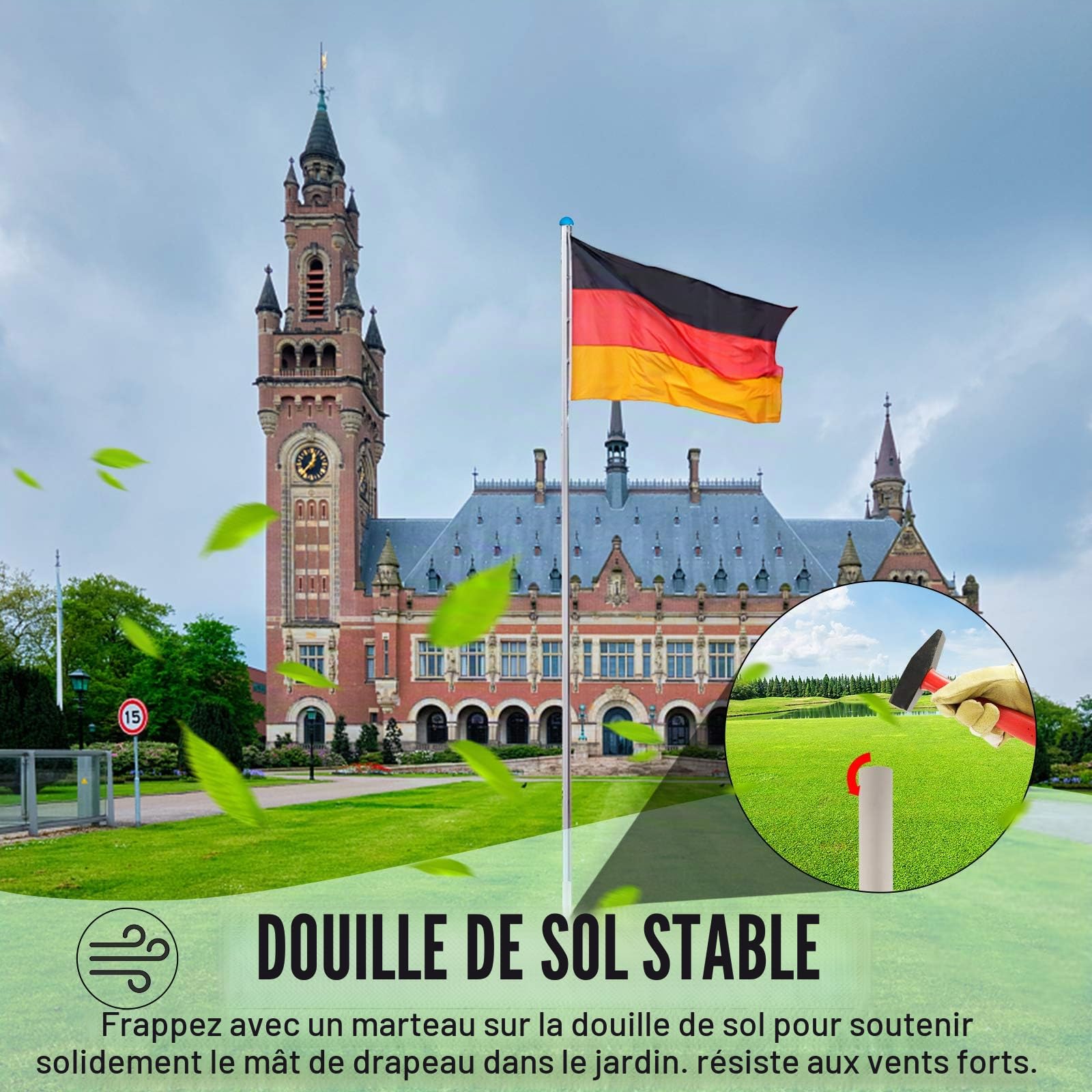 Mât de drapeau stable de 6,5 m avec drapeau de l'Allemagne et câble - Hauteur réglable - En aluminium