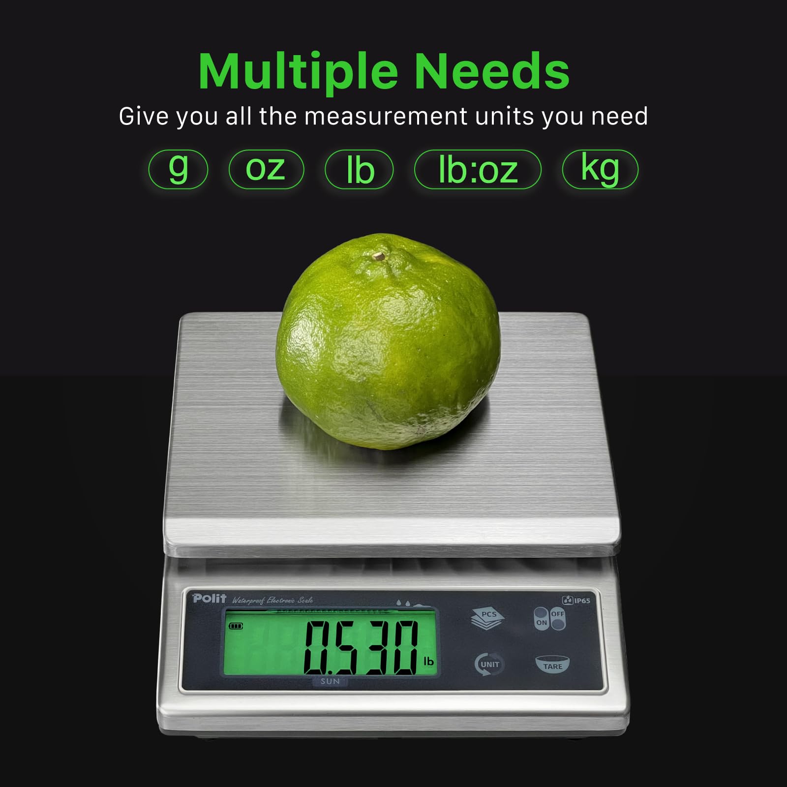 Polit Báscula digital de cocina para alimentos, 13 libras/6 kg, 0,5 g, precisión de 0,5 g, acero inoxidable impermeable con pantalla LCD, recargable, 5 unidades de peso (adaptador de corriente