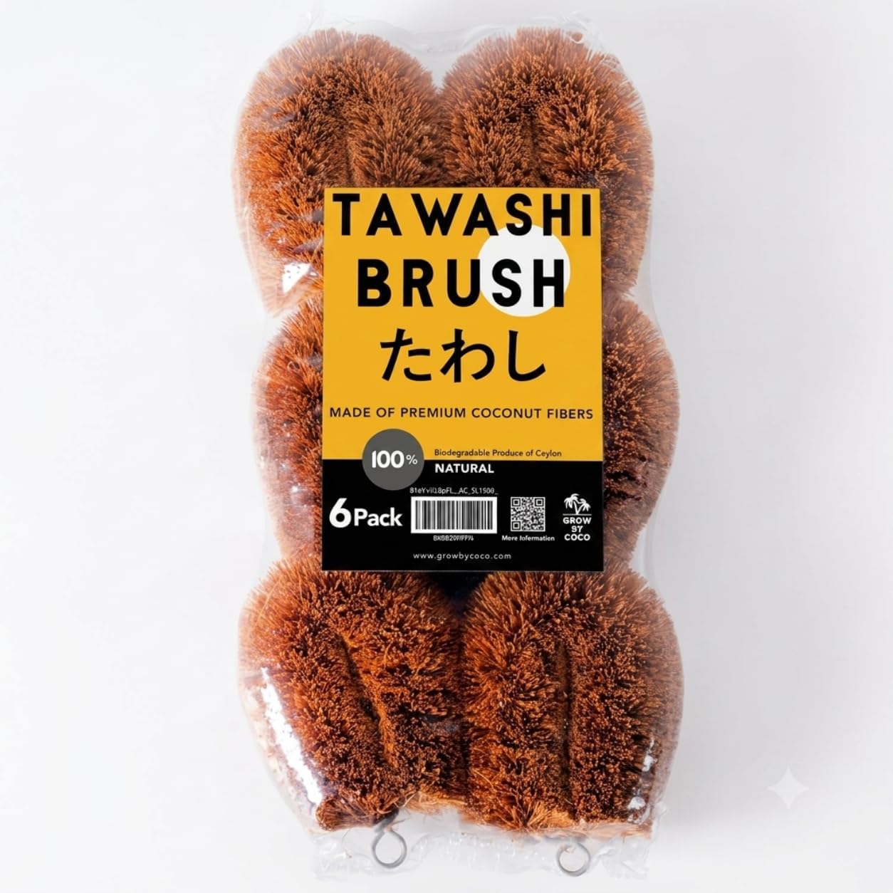 Pack of 6 Tawashi Vegetable Scrub Brush, 100% Natural Coconut Coir Fiber,Fruit Scrub,Eco Friendly Sponge Alternative,Japanese Kamenoko Design,Dish Scrubber for Cast Iron & Kitchen Cleaning