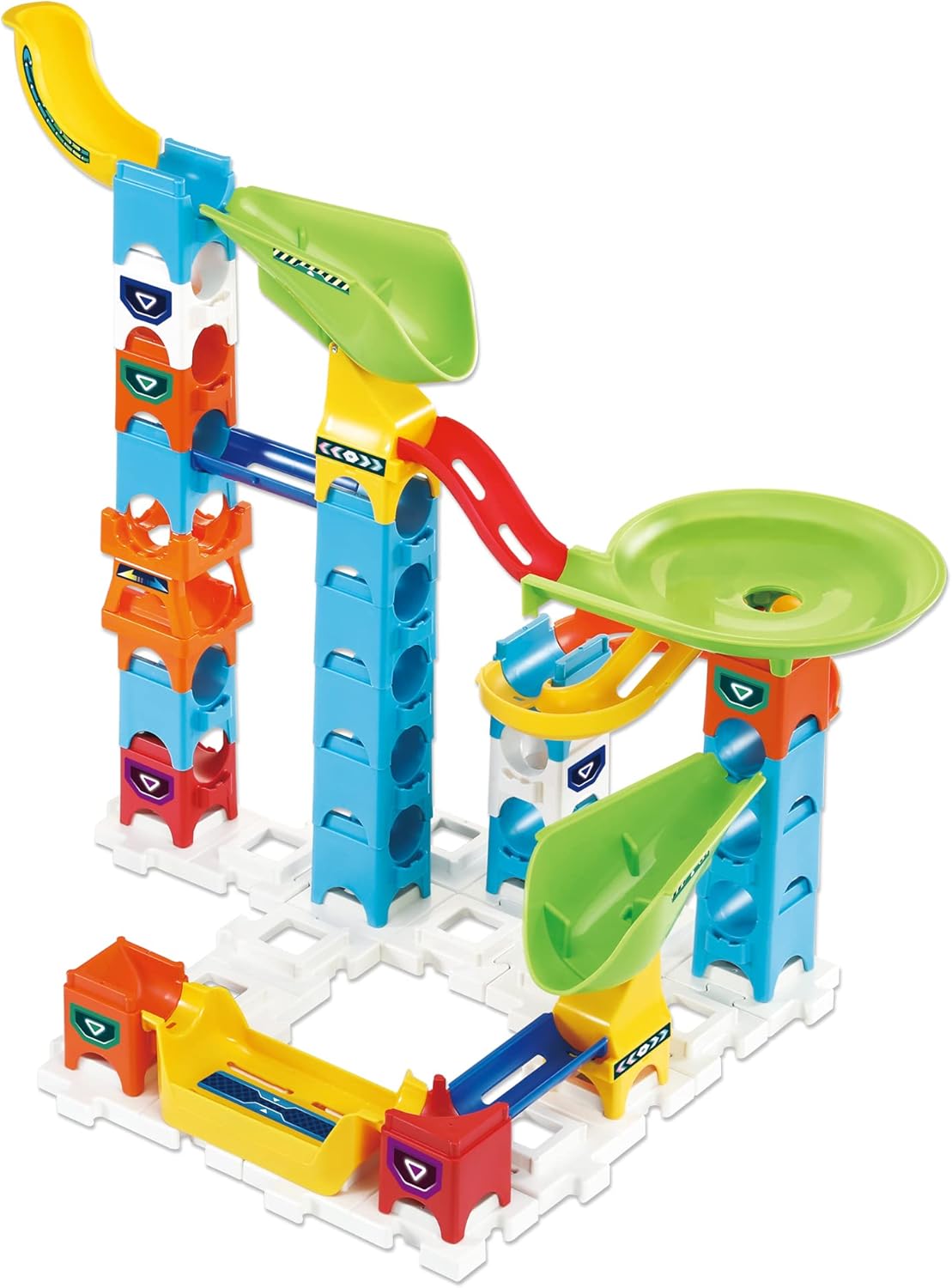 Partially assembled VTech Marble Rush Double Drop Set, showing interconnected track pieces and support columns.