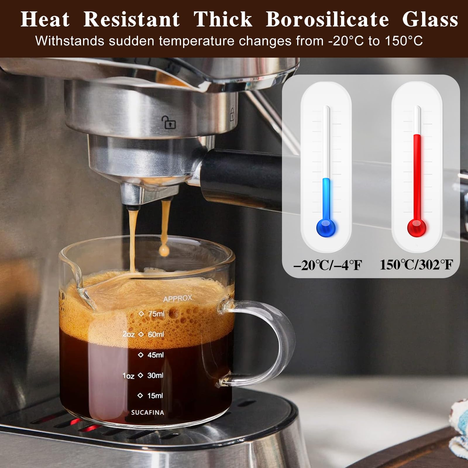 4 filiżanek do espresso ze szczotką, 75/150 ml, kubek z miarką, szklany z podwójnym dziobkiem i skalą, uchwytna