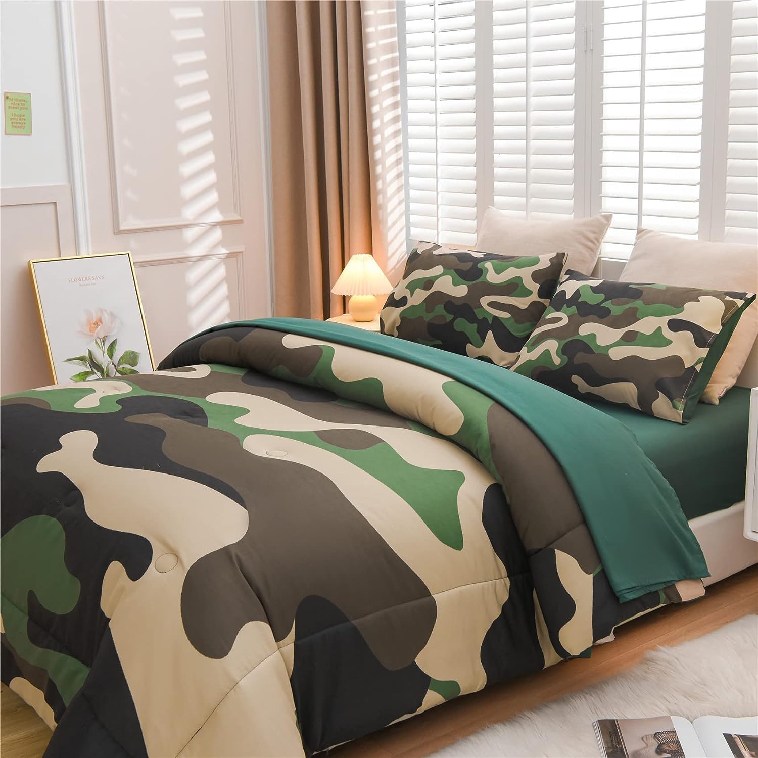 Meeting Story Camouflage Bedding Set, Colorful Pattern Style Comforter Set, 5 PCS One Comforter Two Pillowcases Two Sheets in One Bag, All Season Bedspread for Teens Adults (Green, Queen 5Pcs)