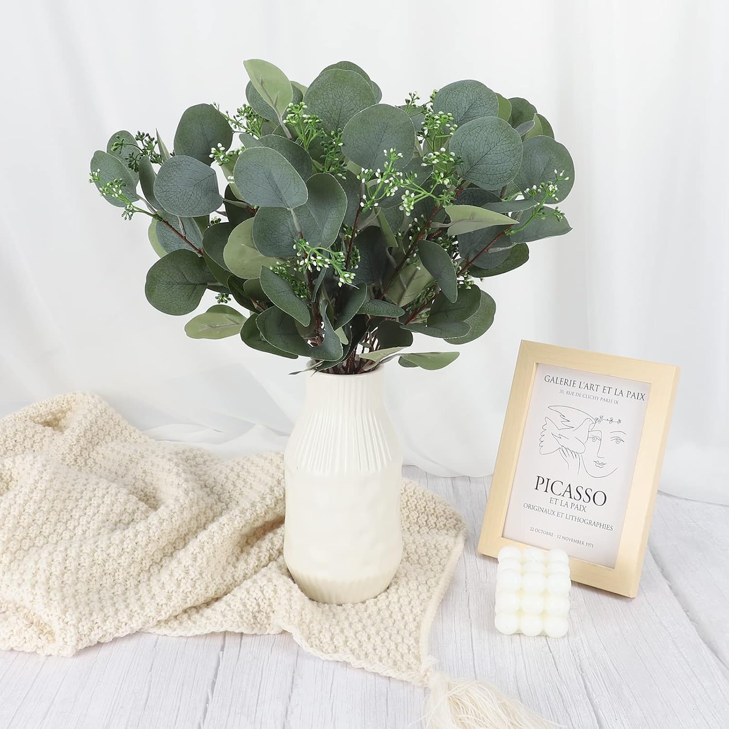 FUNARTY 24pcs 18" Tall Greenery Stems Fake Eucalyptus with Fake Silver Dollar Leaves Artificial Seeded Eucalyptus Branches for Vases Centerpieces Flower Arrangement Farmhouse Home Decor