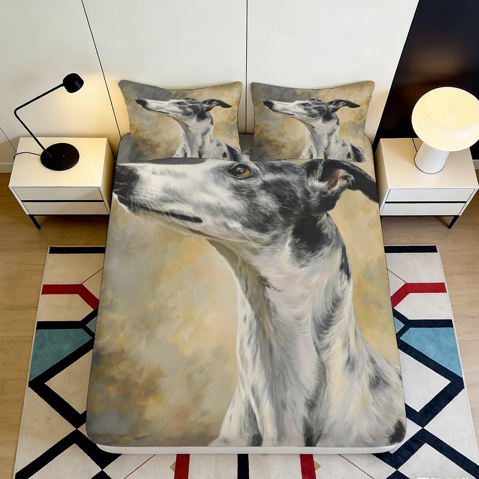 3D Printed Greyhound Art Fitted Sheet Microfiber Soft Breathable Dog Painting Mattress Cover for Bedroom Dorm Decor 90x200x25cm