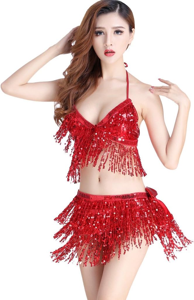 Women's Belly Dance Costume Bra Top with Chest & Hip Scarf with Fringe