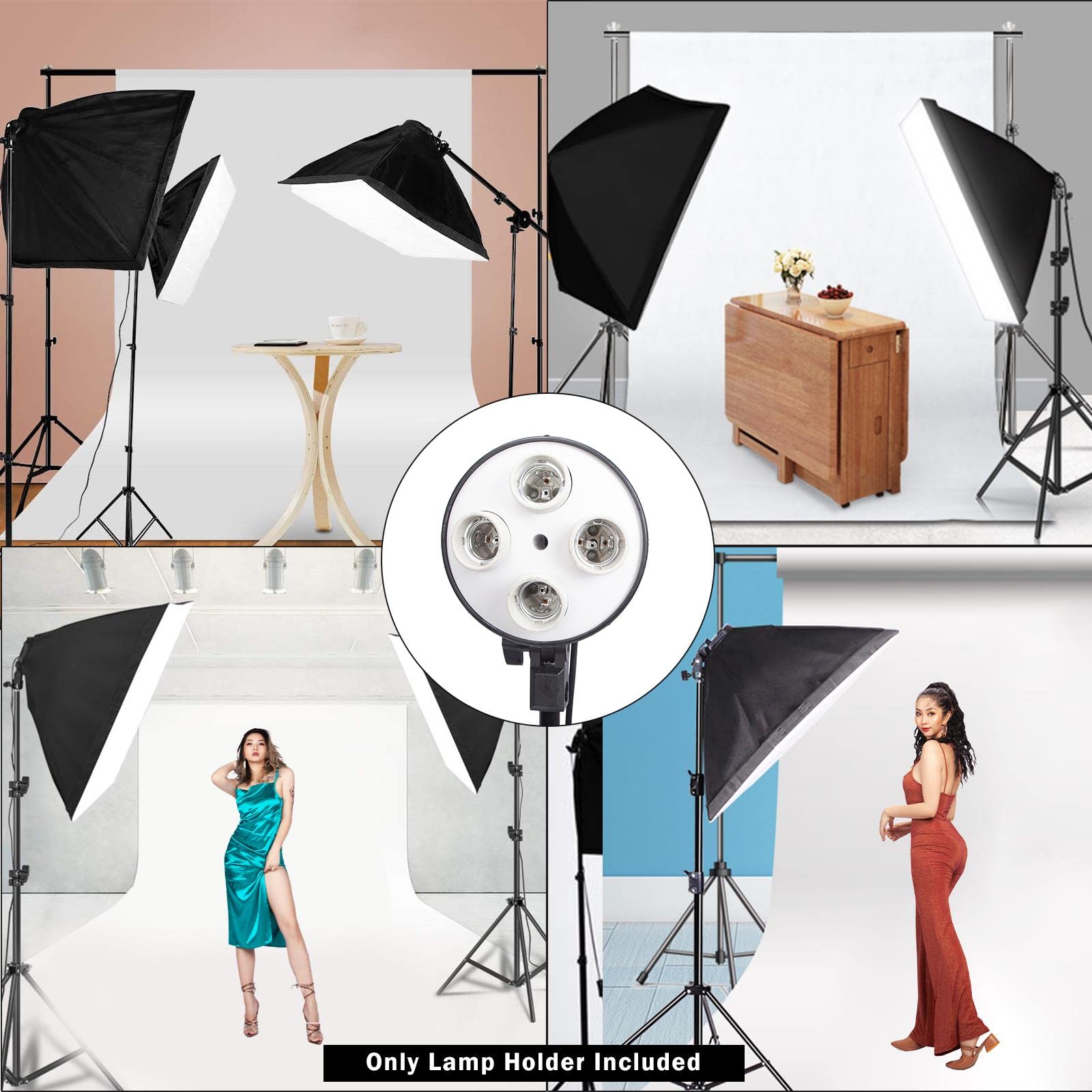 Photo Studio E27 - Soporte para lámpara Profesional de 4 Cabezales Giratorio con Soporte para Paraguas para iluminación de Flash, Bombilla monolight