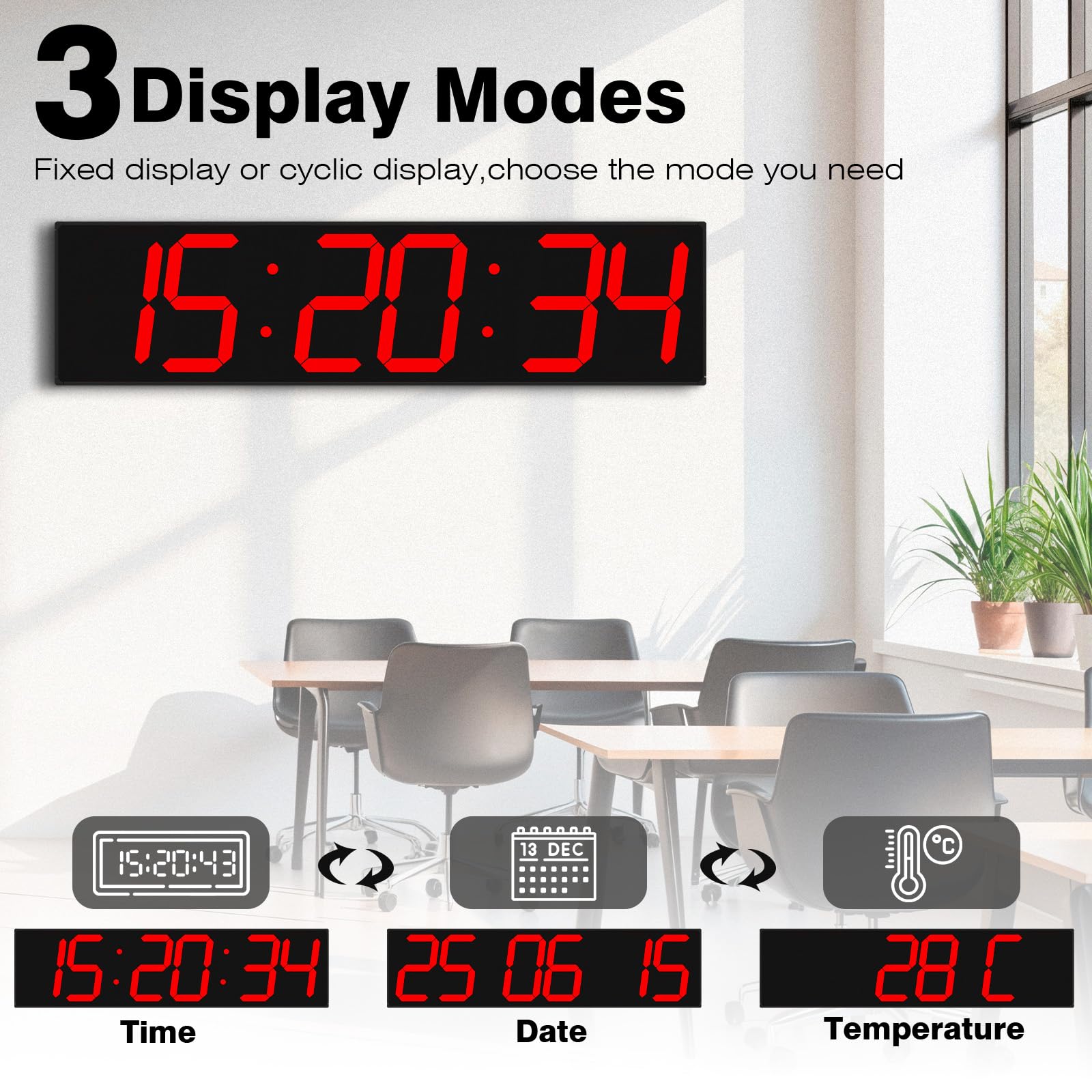 CHKOSDA Horloge murale numérique avec grand écran, 71,1 cm, LED à 6 chiffres avec luminosité réglable, horloge multifonction avec compte à rebours, chronomètre et intervalle d'entraînement (rouge)