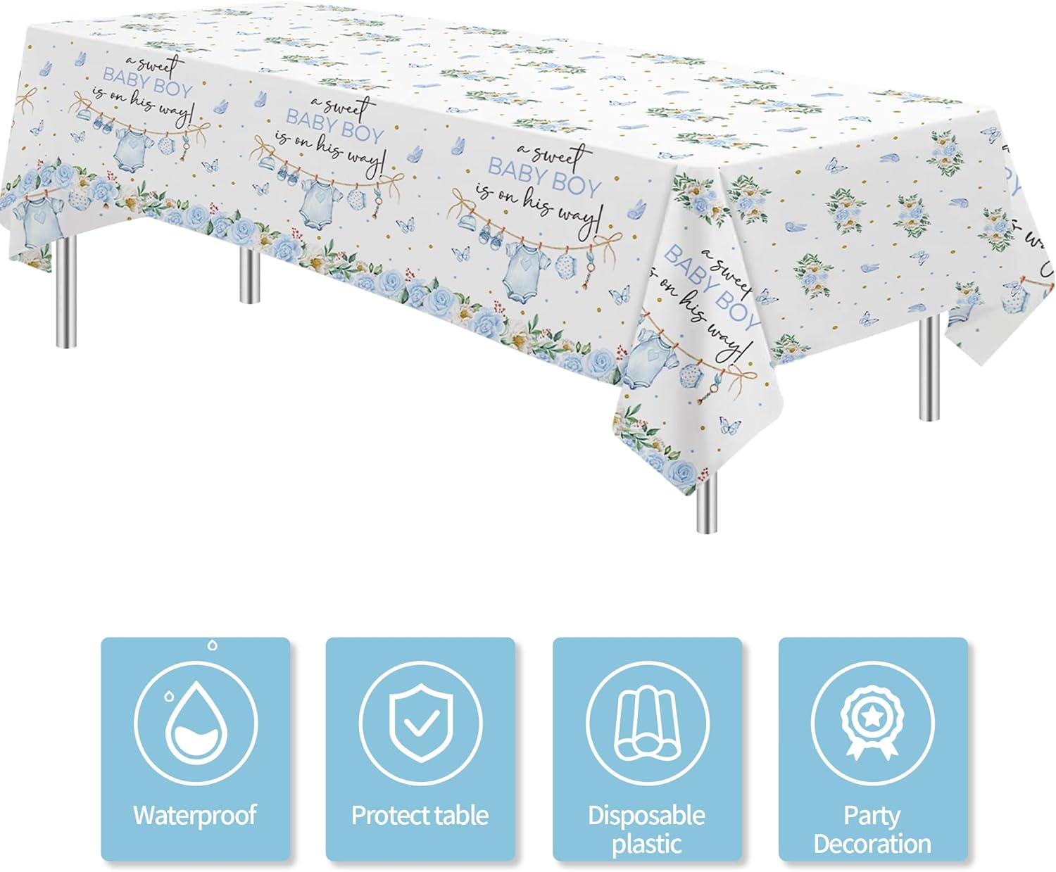 Srua Don Blue Baby Boy Baby Shower Decorations Tablecloth, Greenery A Sweet Boy is On His Way Party Supplies Table Cover, Baby Boy Party Table Cloth, 3 Pack, 55in x 86in