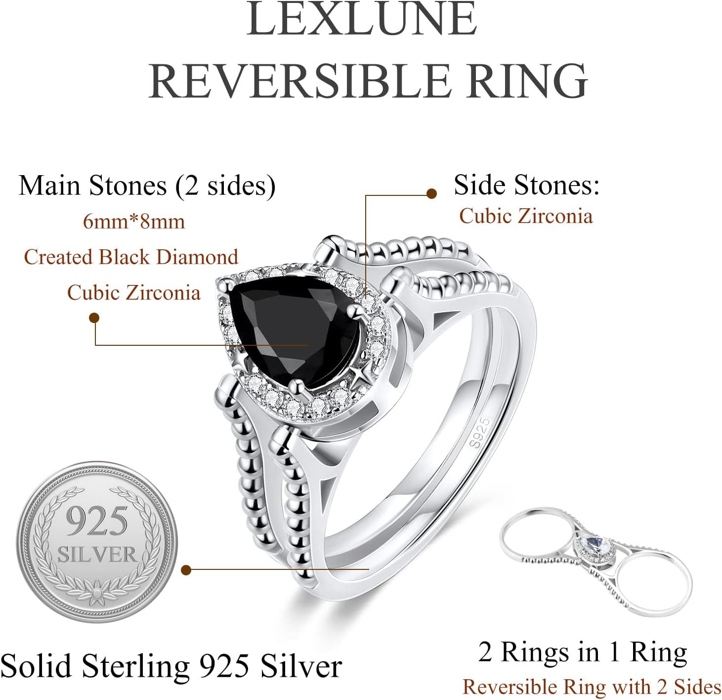 Reversible Ring for Her, Mother's Day Gifts,2 Rings in 1 Ring,Heart/Square/Oval/Pearl Shape Cut, S925 Sterling Silver, Ruby Sapphire Black Green Diamond, Reversible Flip Ring for Women - Image 5