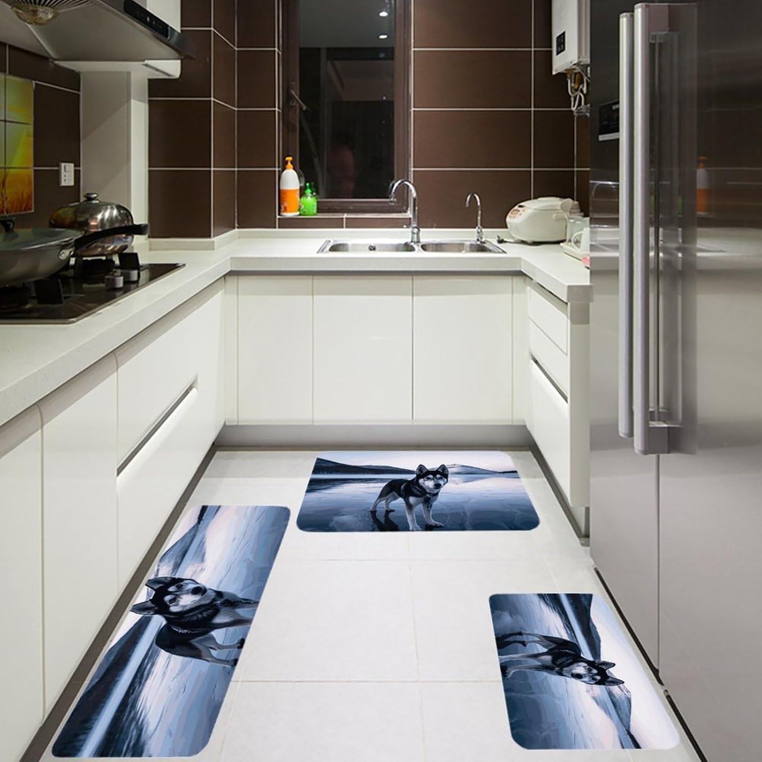 Husky Dog on A Frozen Lake Kitchen Mats for Floor 3 Pcs Kitchen Rugs
