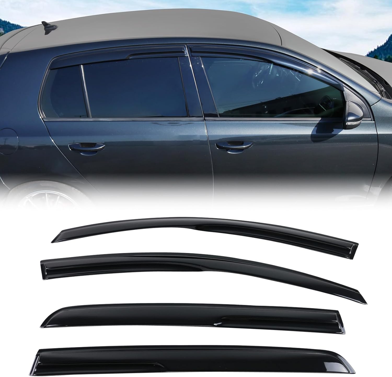 FREEMOTOR802 Tape-on Window Visors Compatible with 2010-2014 Volkswagen MK6 Golf, Golf R & GTI 4-door, Side Wind Deflectors Rain Guards Vent Visors, Mugen Style Smoke Tinted Acrylic 4 Pieces