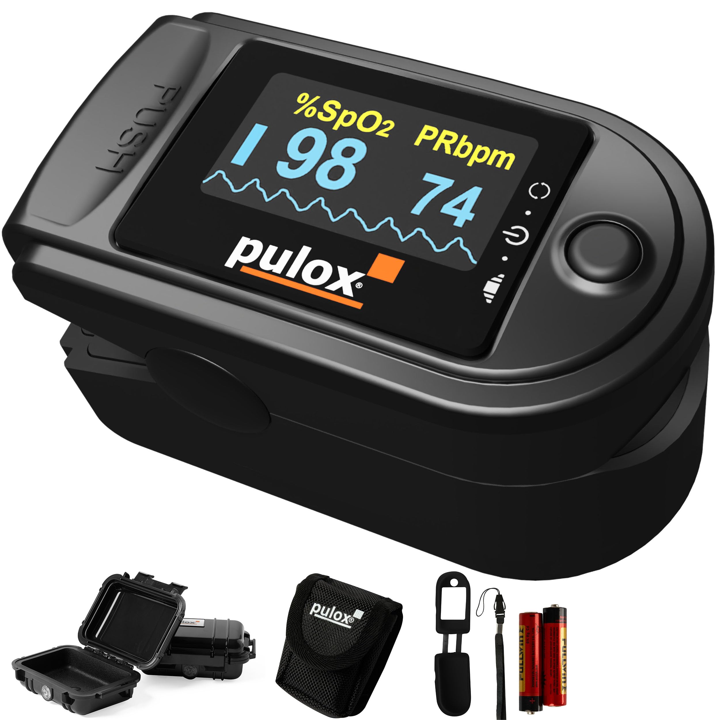 Pulsioxímetro Pulox PO-200 Set- Oxímetro de dedo profesional con accesorios - Para medir pulso, SpO2 y Índice de perfusión