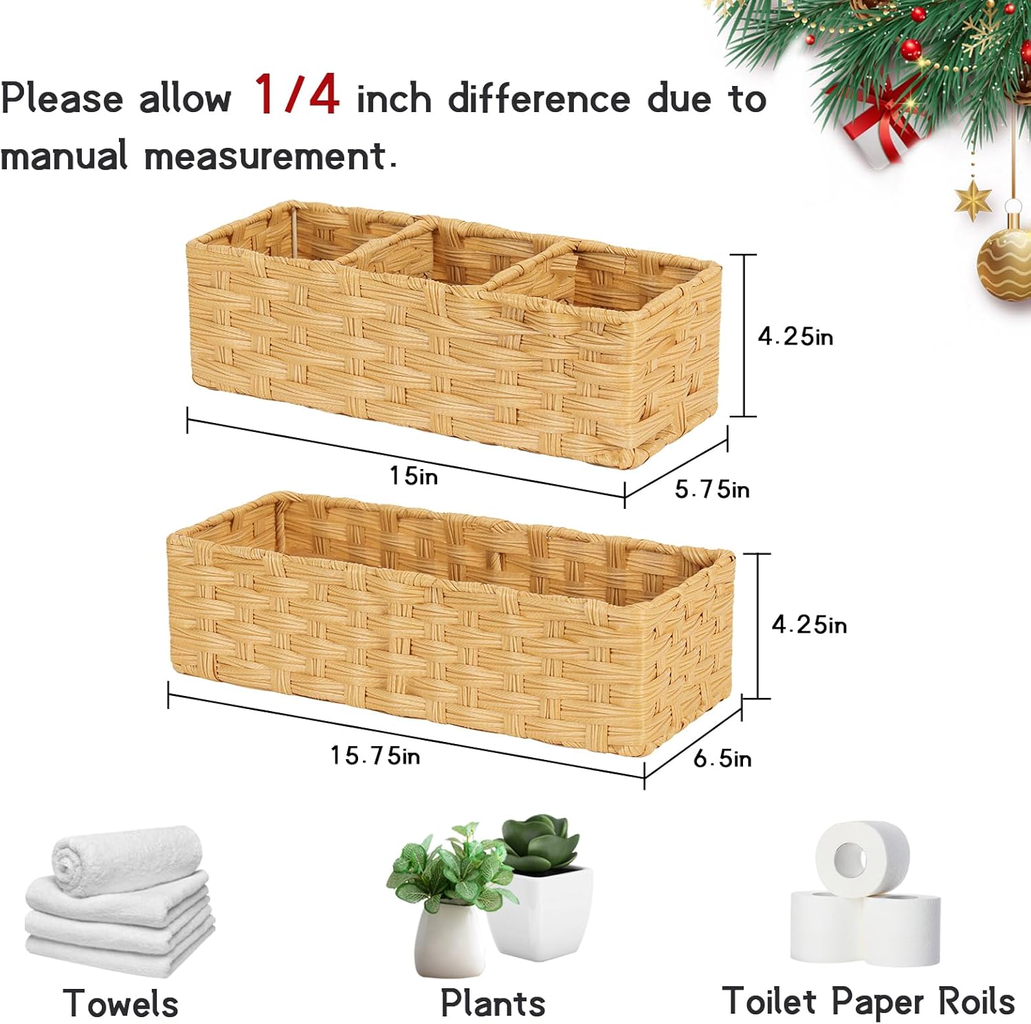 DULLEMELO Toilet Basket for Decor, Small Wicker Baskets for Storage Back of Toilet Tank Topper, Set of 2 Woven Storage Baskets for Bathroom Toilet Paper Holder Basket, Natural