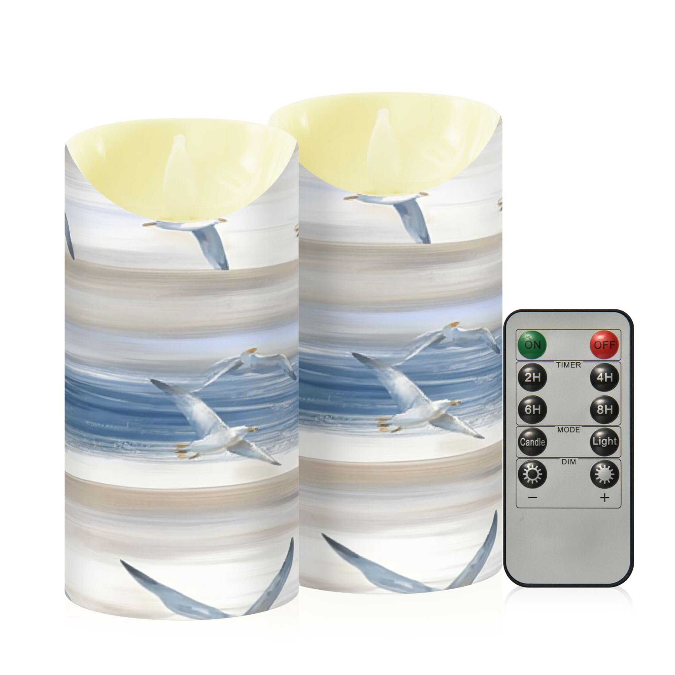 Kutsu Seagulls Flameless Candles Set of 2, Battery Operated LED Flickering Candles with Remote and Timer, Plastic Pillar Candles for Home Wedding Decor