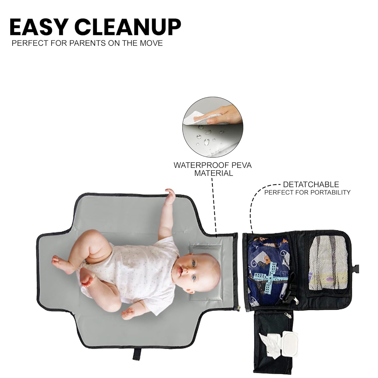 Portable Diaper Changing Pad, Waterproof Travel Baby Changing Mat with Wipes Pocket, Compact Foldable, Gift for Babyshower, Newborn Boys & Girls (Black) image 4 of 5 B0DNBNKST5