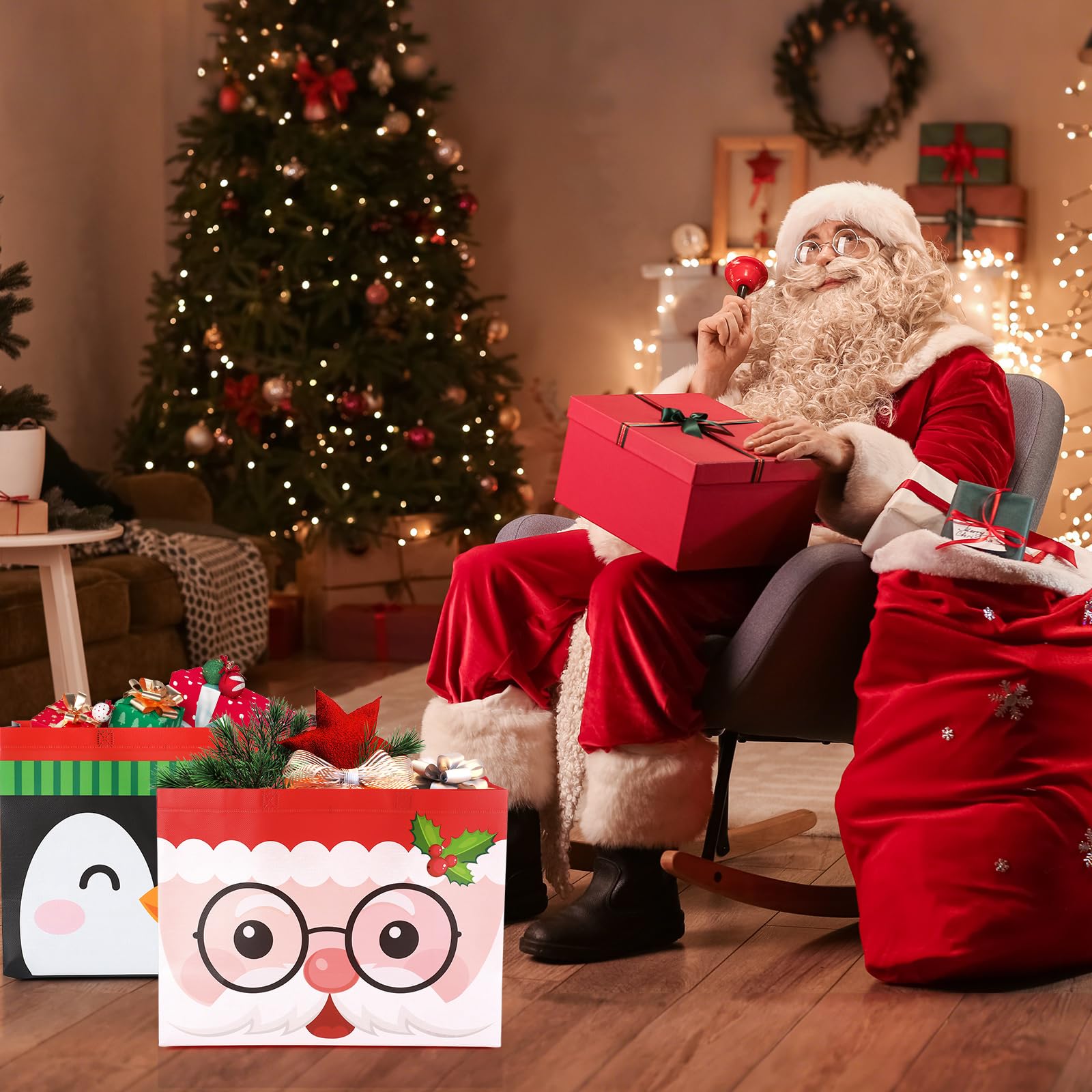 Hillban Lot de 36 sacs cadeaux de Noël extra larges réutilisables en vrac non tissés avec poignées - 41 x 32 x 17 cm