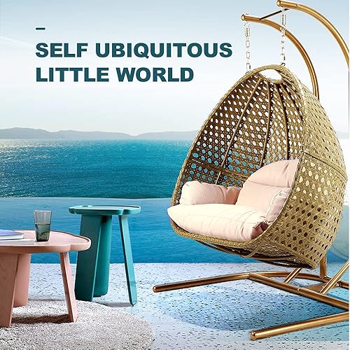 Miniatura 2 de JOYBASE Silla colgante para 2 personas con soporte silla colgante de huevo silla colgante de ratán de mimbre con cojín para interiores y exteriores