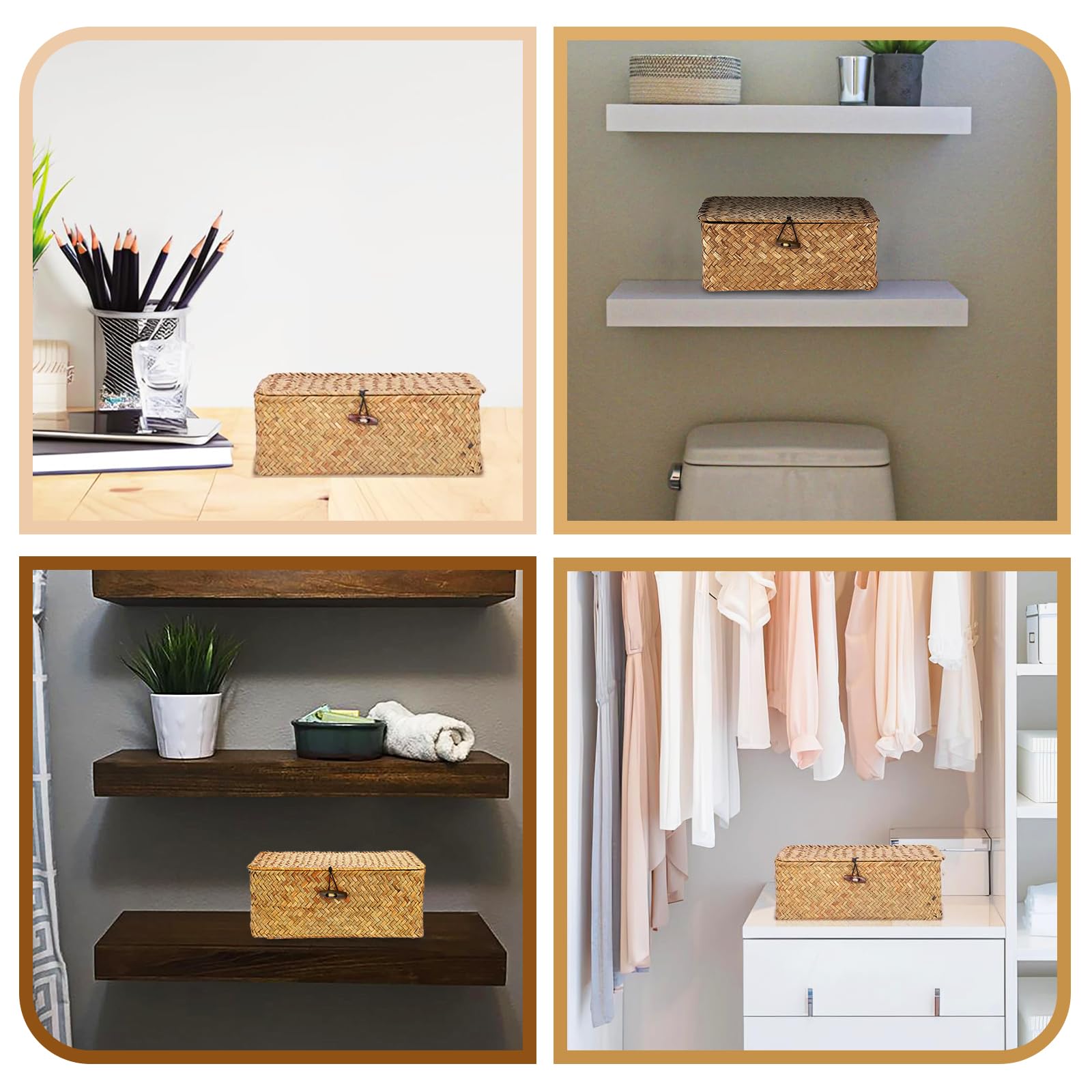 Cesto Portaoggetti in Rattan Intrecciato, Set di 3 Cestini Portaoggetti in Vimini con Coperchio, Cesta in Vimini di Seagrass, per Scaffali, Scrivania, Organizer per la CasaS(S, M, L, Arancione)
