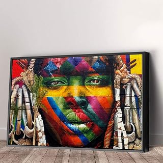 Eduardo Kobra African Graffiti Wall Canvas Art Home Decor (45in x 30in Modern Black Framed)