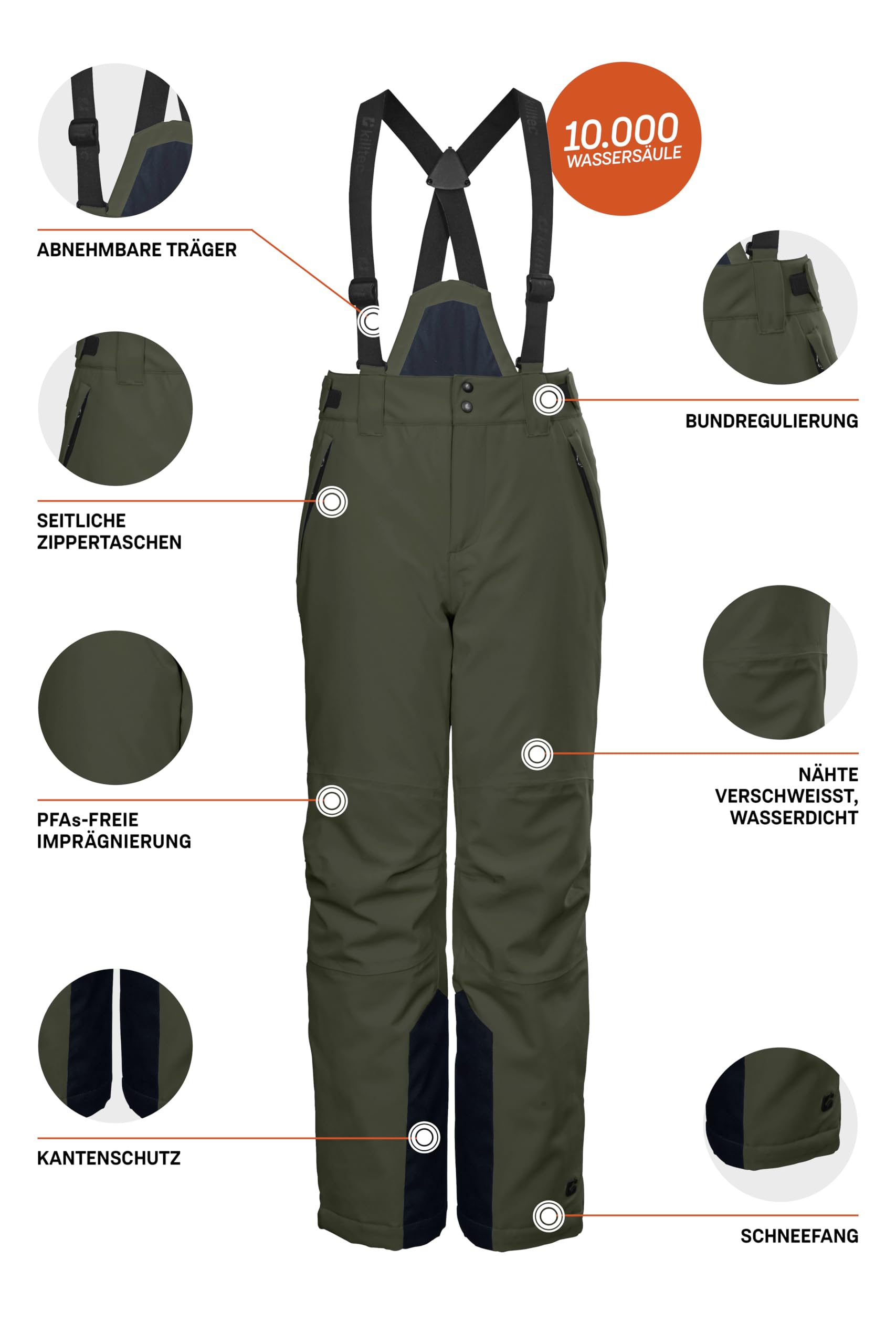 killtec Jungen Funktionshose/Skihose mit abzippbarem Latz KSW 79 BYS SKI PNTS, dunkeloliv, 152, 37310-000
