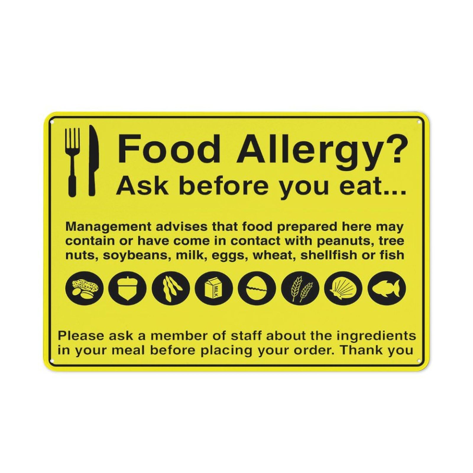 Food Allergy Ask Before You Eat Sign 12X8 Inches Metal Aluminum Signs, Weather Resistant, Weatherproof, Indoor Or Outdoor