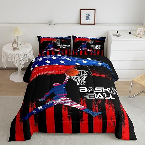 Miniatura 1 de Erosebridal Juego de edredón de baloncesto con diseño de bandera americana, juego de edredón deportivo para niños, juego de ropa de cama de jugador