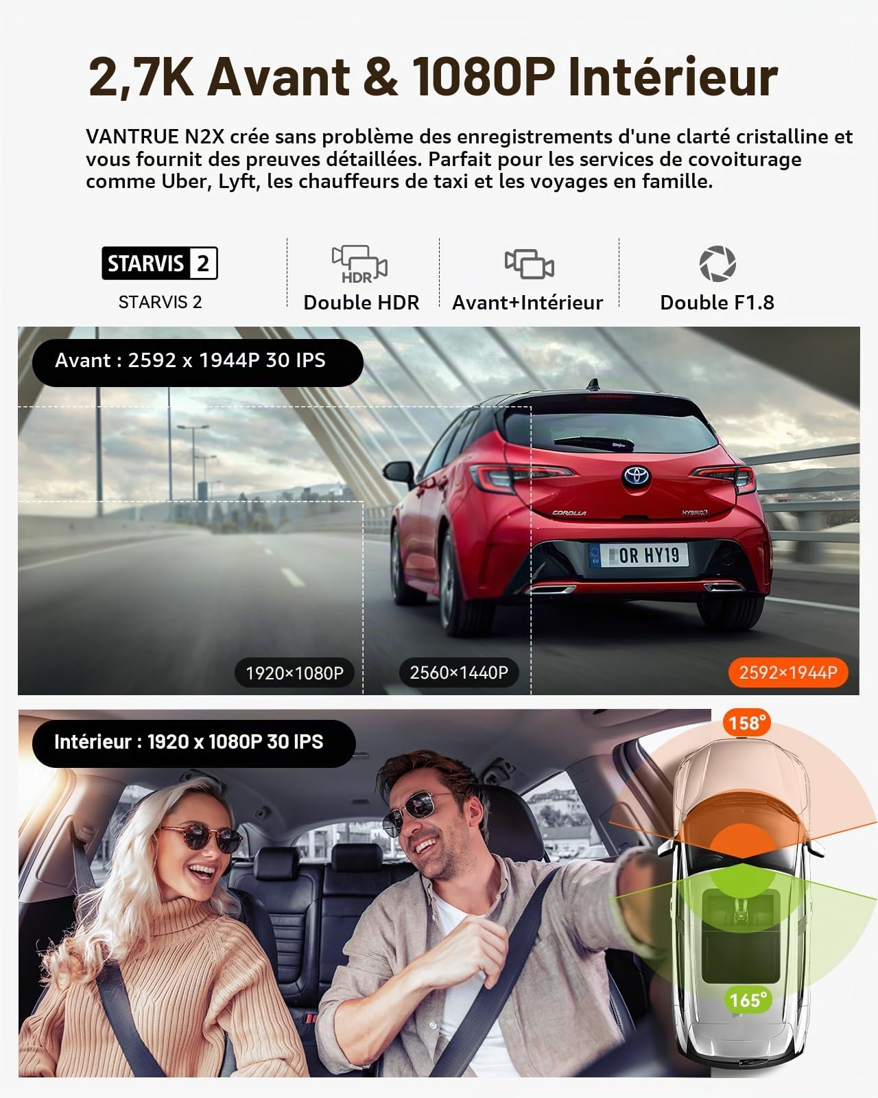 VANTRUE N2X 2.7K+1080P Dashcam Voiture Avant Intérieur et VANTRUE Filtre Polarisant Circulaire（CPL）
